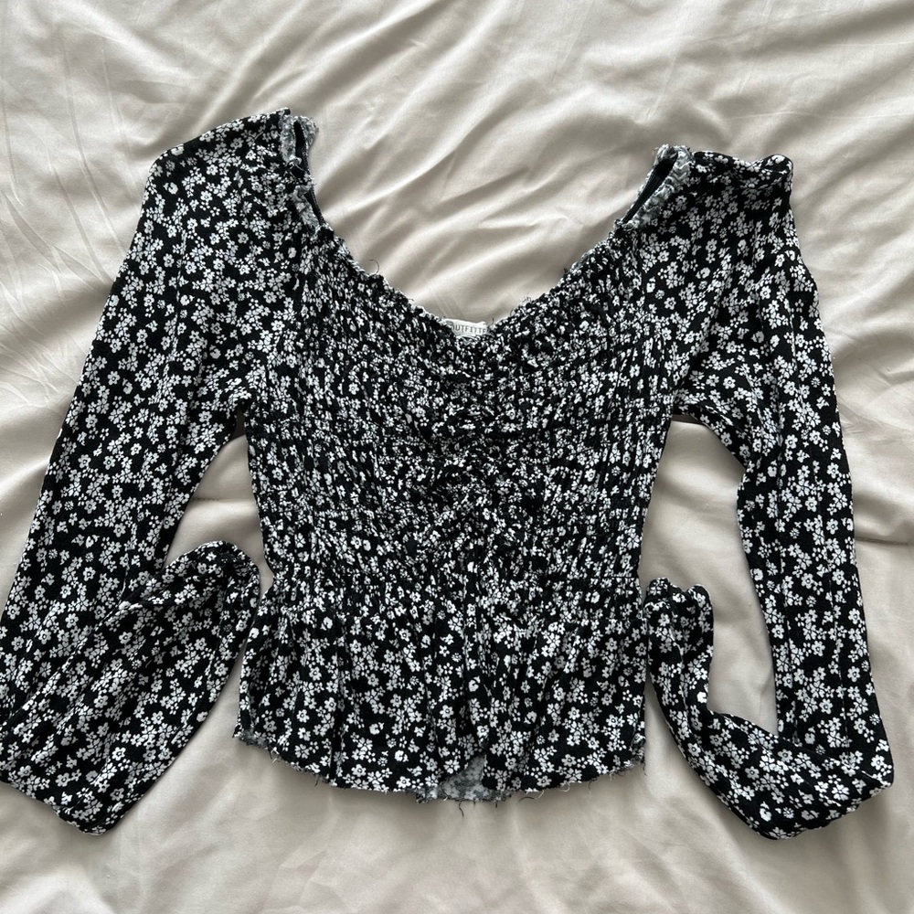UO Black & White Cropped Blouse